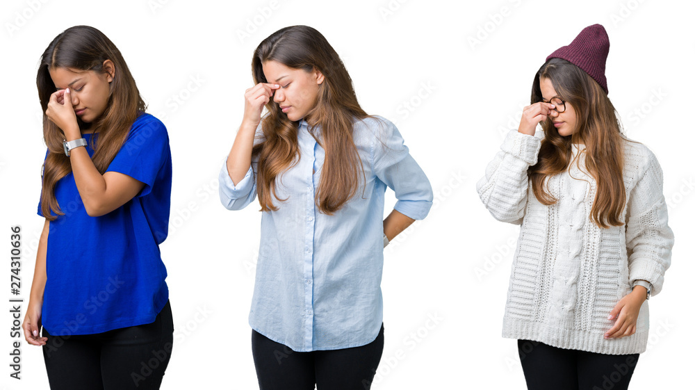 Collage of beautiful young woman over isolated background tired rubbing nose and eyes feeling fatigue and headache. Stress and frustration concept. Collage of beautiful young woman over isolated background tired rubbing nose and eyes feeling fatigue and headache. Stress and frustration concept.