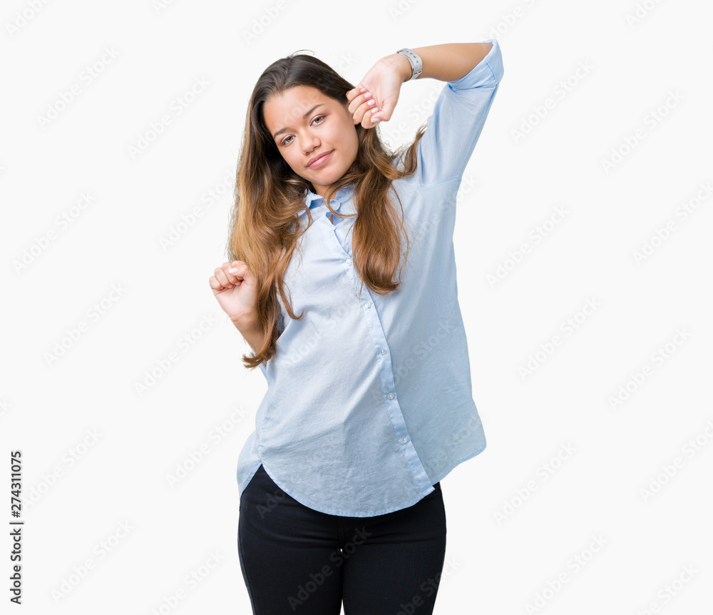 Young beautiful brunette business woman over isolated background stretching back, tired and relaxed, sleepy and yawning for early morning Young beautiful brunette business woman over isolated background stretching back, tired and relaxed, sleepy and yawning for early morning