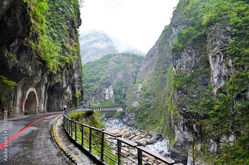 Amazing view of Taroko Gorge in Taroko National Park, Taiwan. Taiwanese landscape. Steep rocks along river, green forest. Misty fog, rainy weather. Asian nature. Amazing places