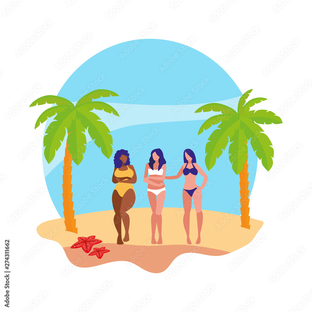 young interracial girls group on the beach summer scene