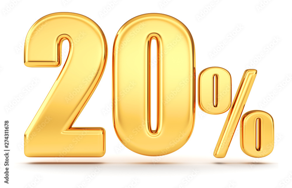 3d render illustration. Golden twenty percent on a white background. 3d render illustration. Golden twenty percent on a white background.