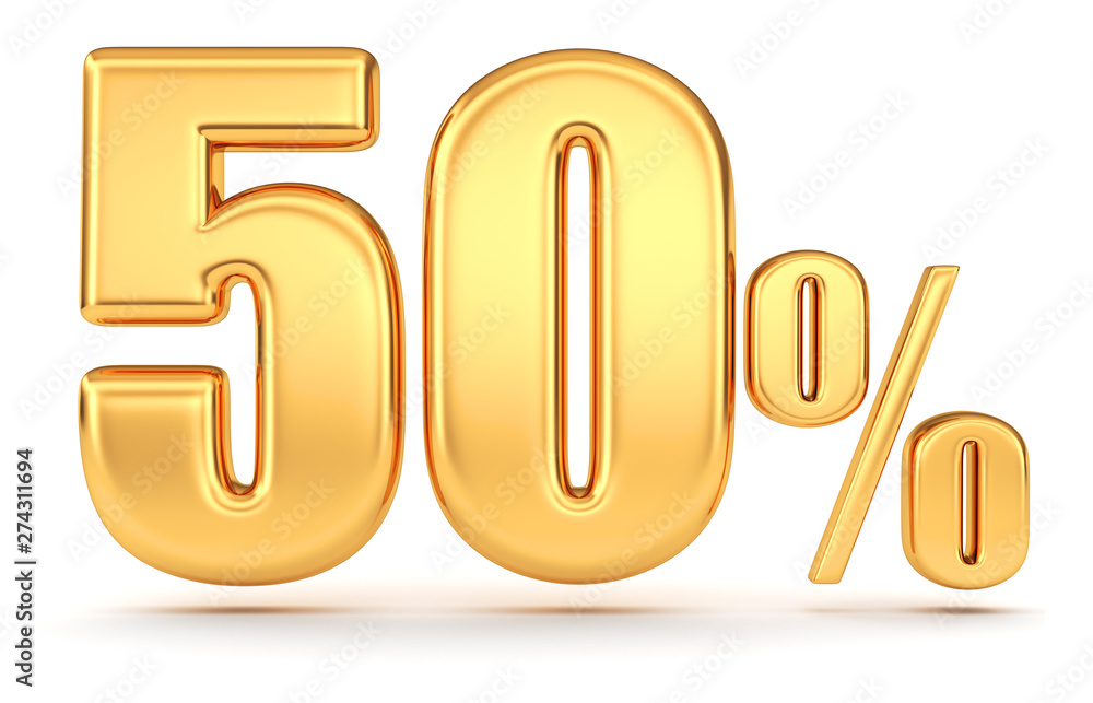 3d render illustration. Golden fifty percent on a white background. 3d render illustration. Golden fifty percent on a white background.