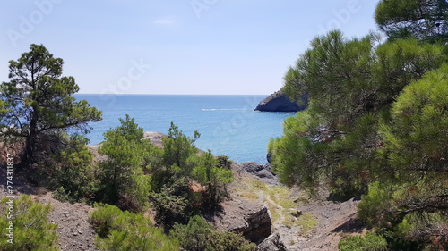 Scenic views on the bay and beautiful rocks. New world in the Crimea, Golitsyn trail, Black Sea coast. Amazing seascape Summer.