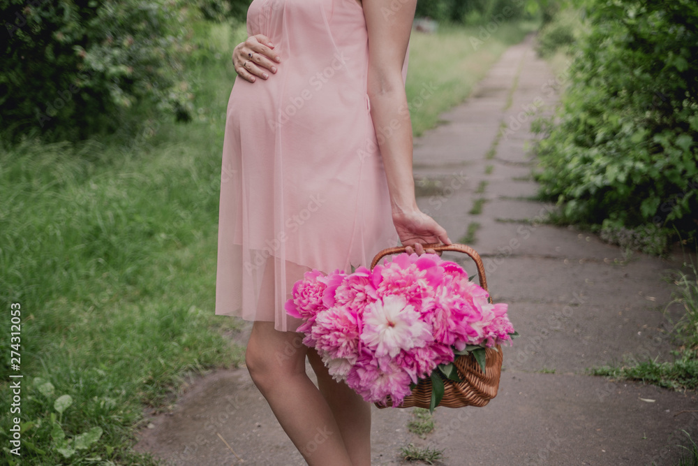 pregnant girl in a pink dress with a pony basket hold her hand on her stomach on a summer day in the park pregnant girl in a pink dress with a pony basket hold her hand on her stomach on a summer day in the park