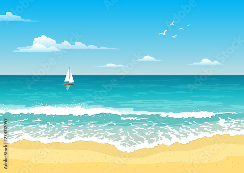 Seascape with waves, cloudy sky and seagulls. Yacht on the horizon. Tourism and travelling. Vector design
