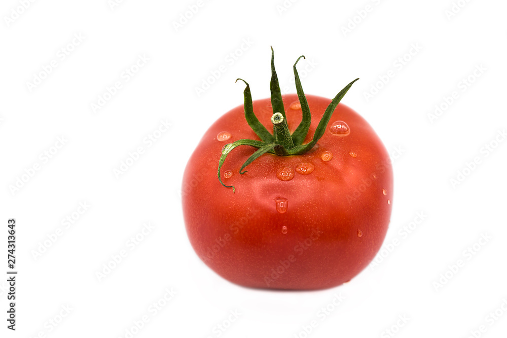 ripe fresh organic tomato in drops of dew isolated on white background ripe fresh organic tomato in drops of dew isolated on white background