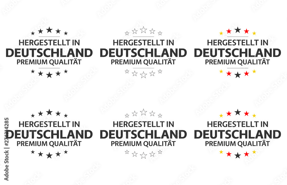 Set of six German icons, Made in Germany symbols in German, premium quality stickers, simple vector illustrations isolated on white background