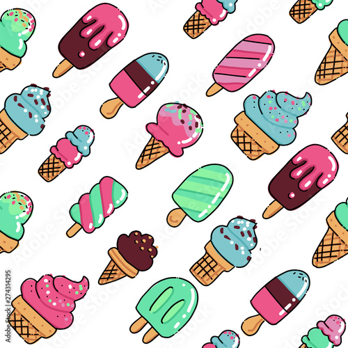 Vector trendy seamless pattern with many sorts of ice cream. Modern summer fashion print background. Hand drawn outline doodle vector illustration