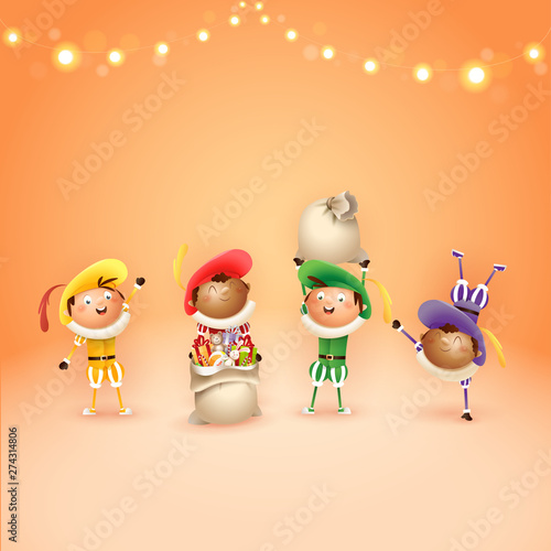 Four Dutch Sintrklaas helpers - celebrate holidays - vector illustration on orang background with lights