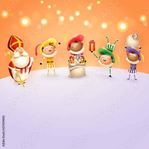 Saint Nicholas and Zwarte Piets celebrate Dutch holidays - orange background with lights - vector illustration
