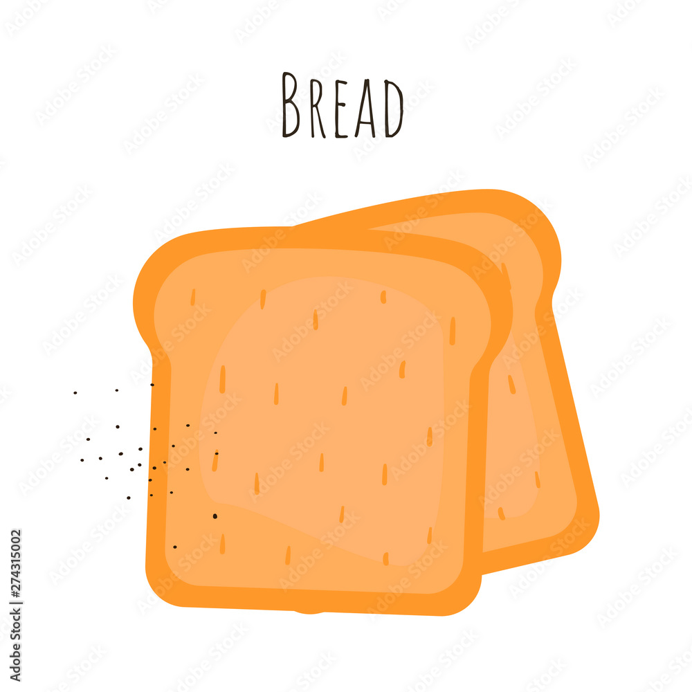 Slices of toast bread. Isolated cartoon dishes. Doodle color set of ingredients and products for cooking Slices of toast bread. Isolated cartoon dishes. Doodle color set of ingredients and products for cooking