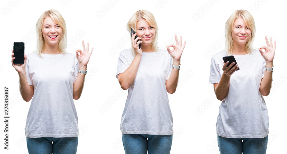Collage of beautiful blonde woman using smartphone over isolated background doing ok sign with fingers, excellent symbol Collage of beautiful blonde woman using smartphone over isolated background doing ok sign with fingers, excellent symbol