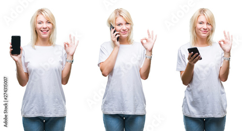 Collage of beautiful blonde woman using smartphone over isolated background doing ok sign with fingers, excellent symbol