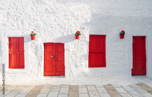 Fototapeta Naklejka Na Ścianę i Meble -  View of white street and flowers in Bodrum city of Turkey. Aegean style colorful street, wall, house and flowers in Santorini, Mykonos / Greece. White wall, red doors and flowers.