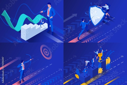Set Isometric business concept control a puppet, protection the shield, aiming the target, start right now. To create web applications