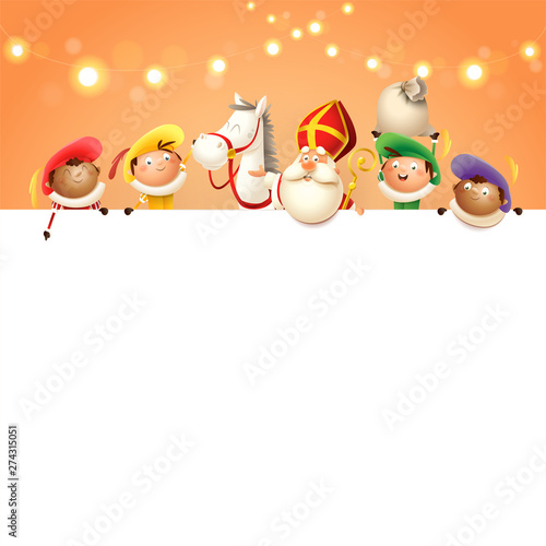 Saint Nicholas his horse and helpers on board - happy cute characters celebrate Dutch holiday - vector illustration orange background with lights