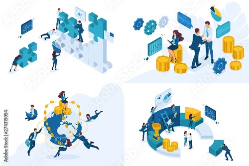 Set Isometric concepts of global investment, planning and profit analysis. For website and mobile application design