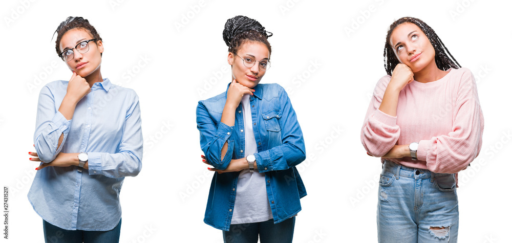 Collage of beautiful braided hair african american woman over isolated background with hand on chin thinking about question, pensive expression. Smiling with thoughtful face. Doubt concept. Collage of beautiful braided hair african american woman over isolated background with hand on chin thinking about question, pensive expression. Smiling with thoughtful face. Doubt concept.
