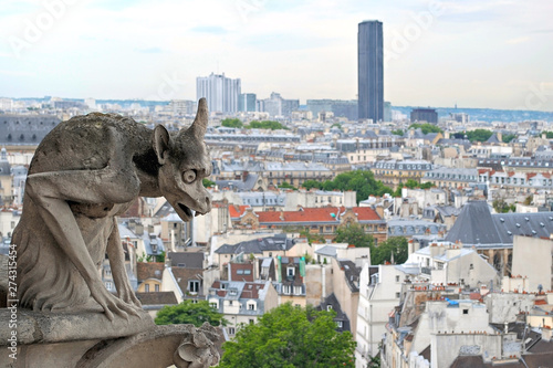 The statue of gargoyles at the top of the Cathedral of Notre Dame.