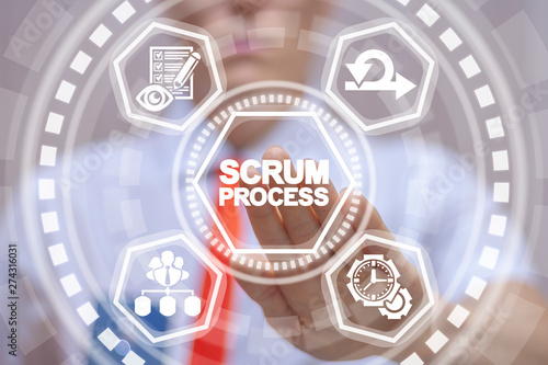 Scrum Process Agile Development Life Cycle Software Business Management concept. Man uses on virtual screen of future and touches phrase: scrum process.