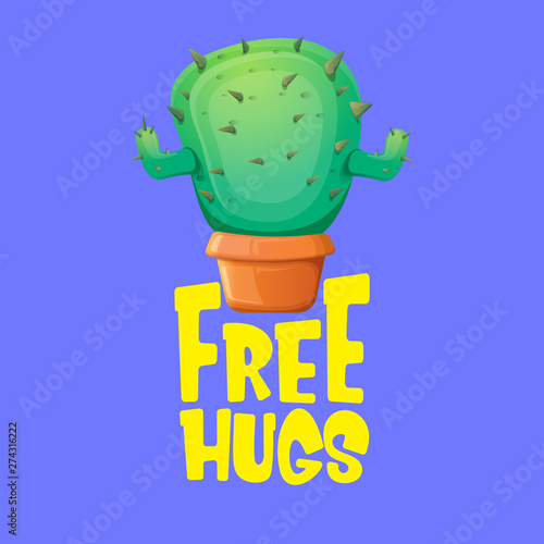 Free hugs text and cartoon green cactus in pot isolated on violet background. funny houseplant icon with quote or slogan for print on tee. International free hugs day concept