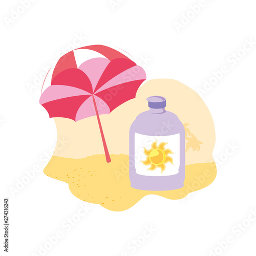 solar blocker bottle in the beach with umbrella