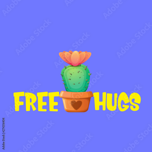 Free hugs text and cartoon green cactus in pot isolated on violet background. funny houseplant icon with quote or slogan for print on tee. International free hugs day concept