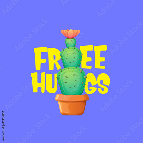 Free hugs text and cartoon green cactus in pot isolated on violet background. funny houseplant icon with quote or slogan for print on tee. International free hugs day concept