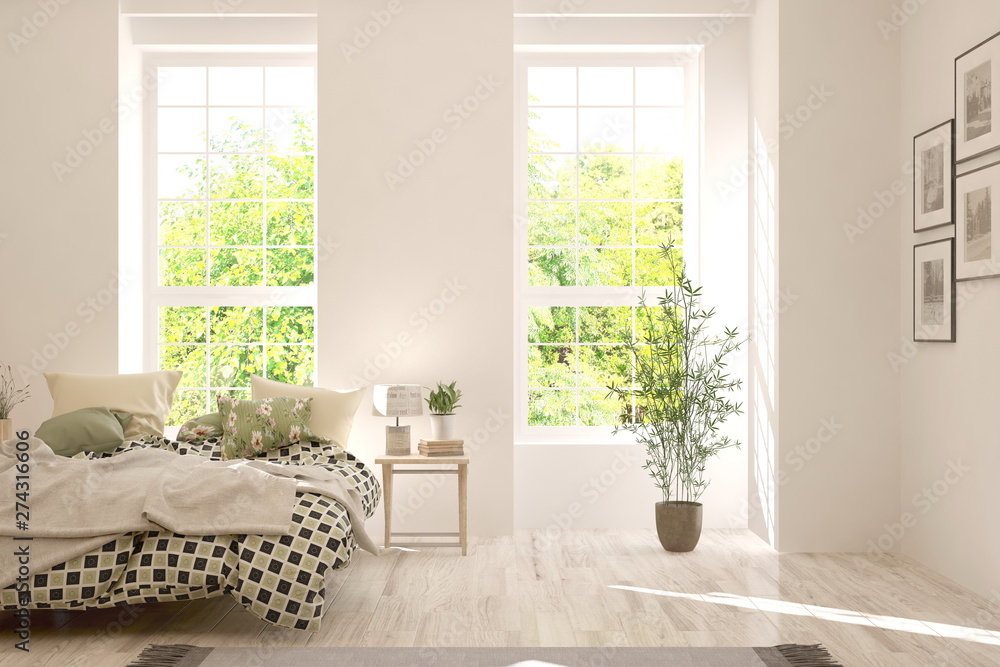 Fototapeta premium Stylish bedroom in white color. Scandinavian interior design. 3D illustration