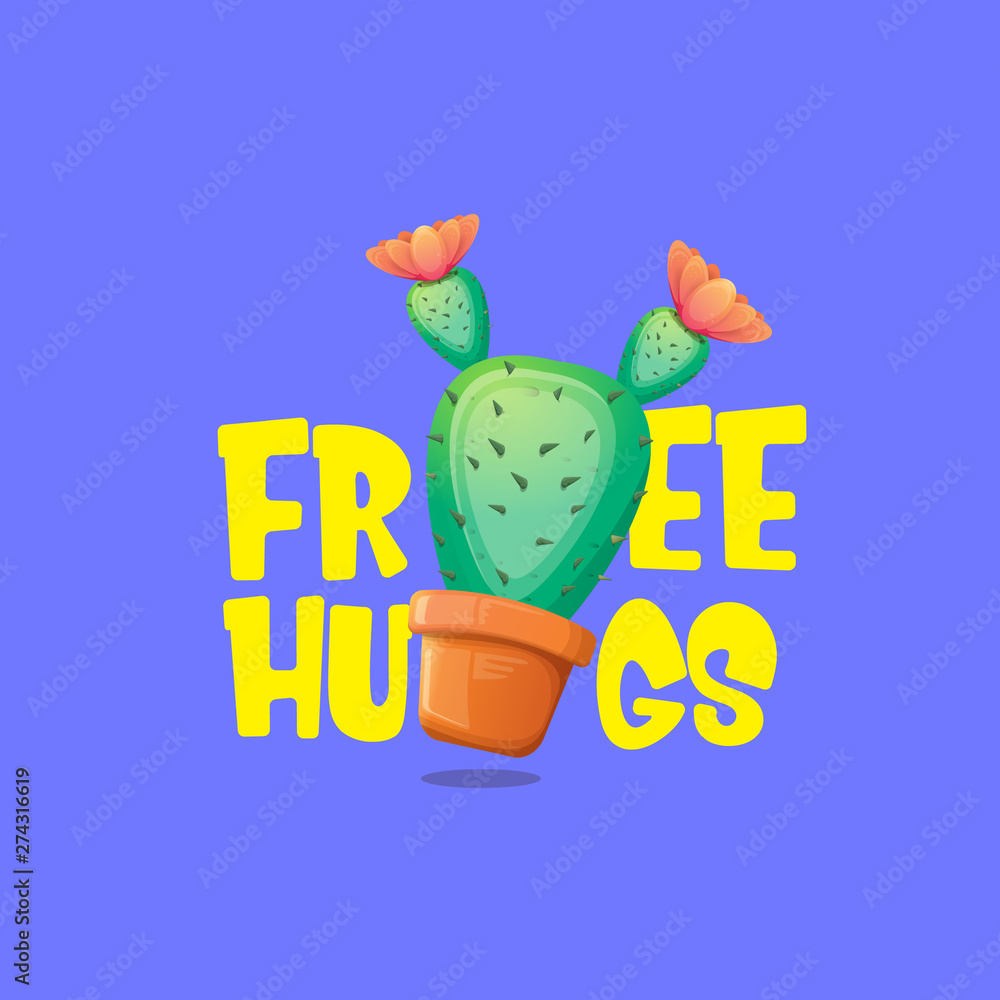 Naklejka premium Free hugs text and cartoon green cactus in pot isolated on violet background. funny houseplant icon with quote or slogan for print on tee. International free hugs day concept