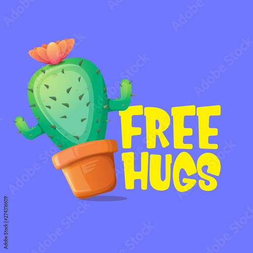 Free hugs text and cartoon green cactus in pot isolated on violet background. funny houseplant icon with quote or slogan for print on tee. International free hugs day concept