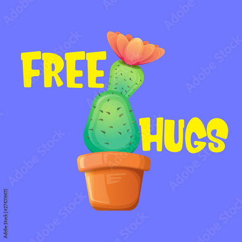 Free hugs text and cartoon green cactus in pot isolated on violet background. funny houseplant icon with quote or slogan for print on tee. International free hugs day concept