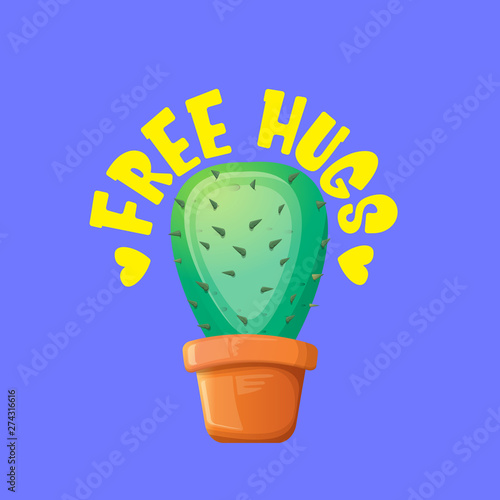 Free hugs text and cartoon green cactus in pot isolated on violet background. funny houseplant icon with quote or slogan for print on tee. International free hugs day concept