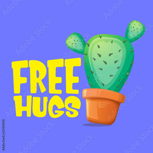 Fototapet Free hugs text and cartoon green cactus in pot isolated on violet background