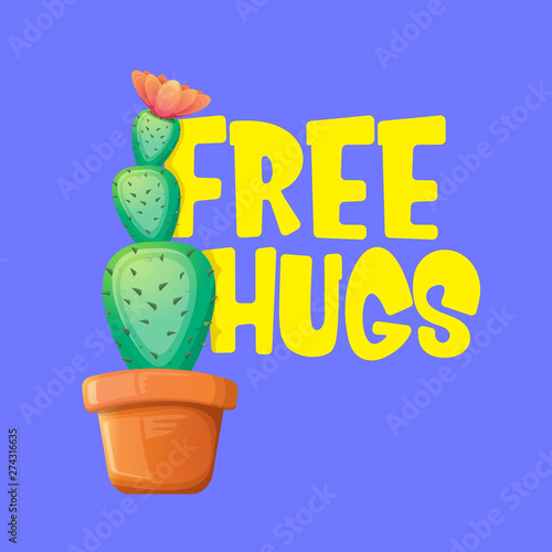 Free hugs text and cartoon green cactus in pot isolated on violet background. funny houseplant icon with quote or slogan for print on tee. International free hugs day concept