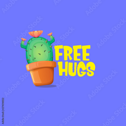 Free hugs text and cartoon green cactus in pot isolated on violet background. funny houseplant icon with quote or slogan for print on tee. International free hugs day concept