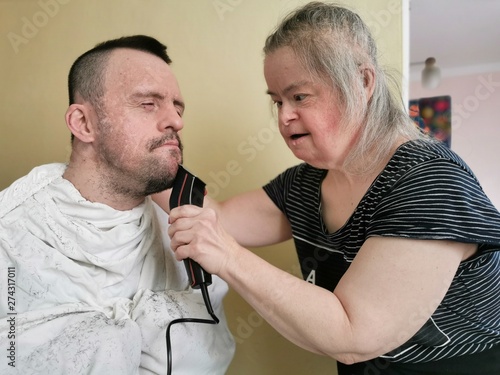 Down syndrome couple. Mam shaves.