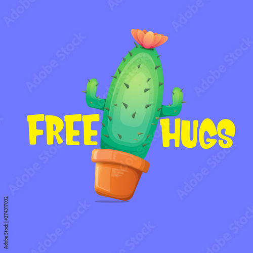 Free hugs text and cartoon green cactus in pot isolated on violet background. funny houseplant icon with quote or slogan for print on tee. International free hugs day concept