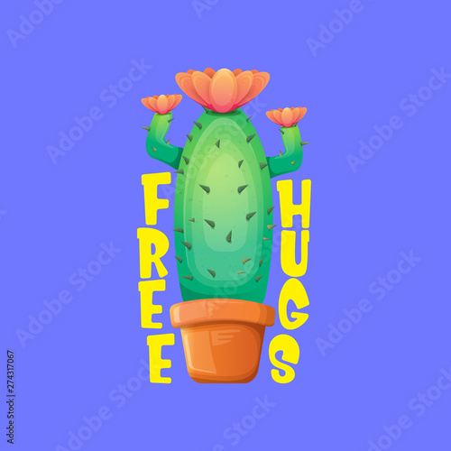 Free hugs text and cartoon green cactus in pot isolated on violet background. funny houseplant icon with quote or slogan for print on tee. International free hugs day concept