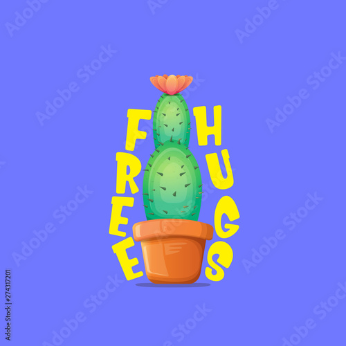 Free hugs text and cartoon green cactus in pot isolated on violet background. funny houseplant icon with quote or slogan for print on tee. International free hugs day concept