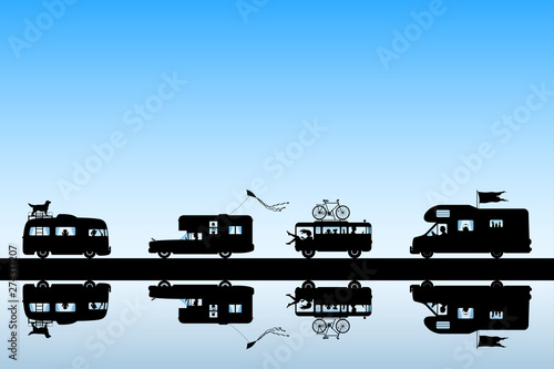 Cartoon retro cars on road. Illustration with silhouettes of people and pets traveling in campers. Family road trip. Blue pastel background