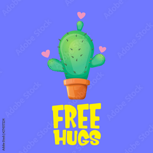 Free hugs text and cartoon green cactus in pot isolated on violet background. funny houseplant icon with quote or slogan for print on tee. International free hugs day concept
