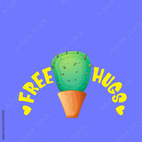 Free hugs text and cartoon green cactus in pot isolated on violet background. funny houseplant icon with quote or slogan for print on tee. International free hugs day concept