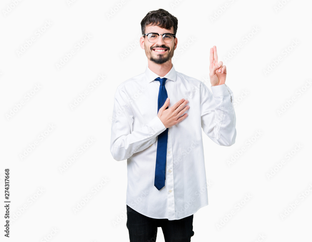 Young handsome business man wearing glasses over isolated background Swearing with hand on chest and fingers, making a loyalty promise oath Young handsome business man wearing glasses over isolated background Swearing with hand on chest and fingers, making a loyalty promise oath
