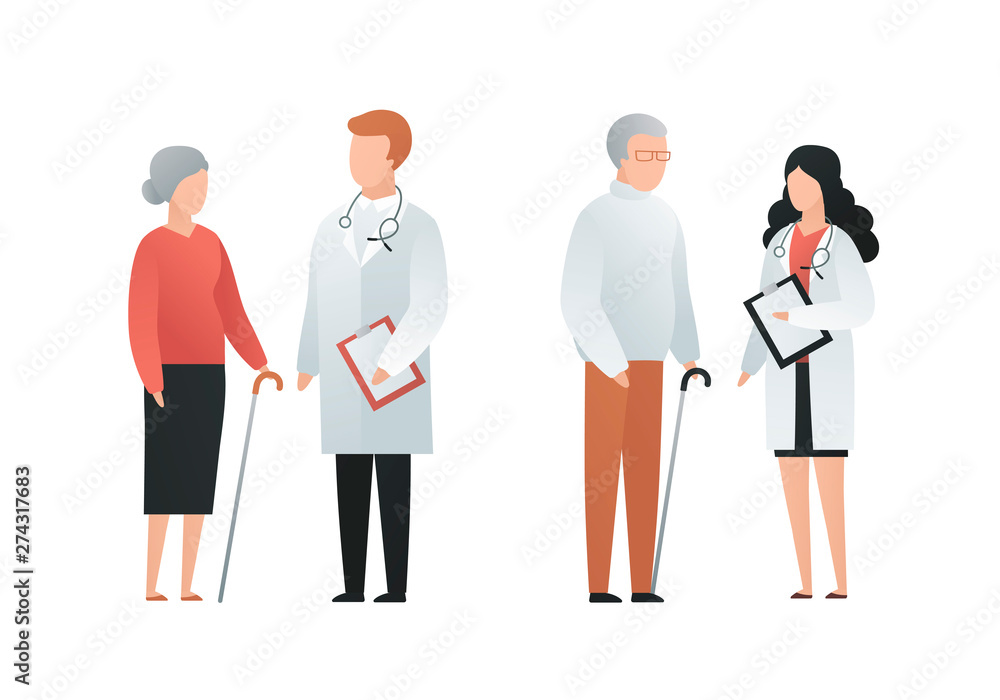 Modern flat doctor and patient character vector cartoon illustration. Male and female medic and talking with old patient isolated on white background. Aged characters with walking stick and grey hair Modern flat doctor and patient character vector cartoon illustration. Male and female medic and talking with old patient isolated on white background. Aged characters with walking stick and grey hair