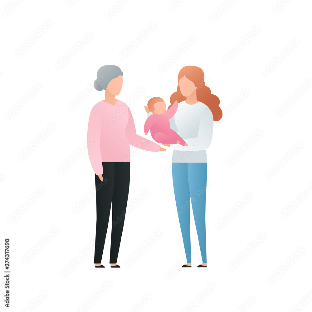Vector modern flat family character illustration. Cute gradient grandmother with her daughter and grandchild baby isolated on white background. Big familes people tale care of each other