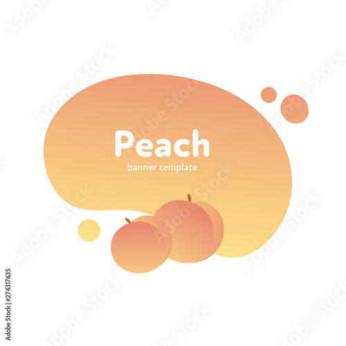 Vector fruit modern fluid banner. Colorful yellow peach on splash orange shape frame isolated on white background. Design illustration for web eco poster, vegitarian menu, backdrop, poster, card