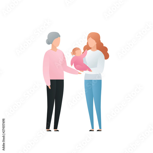 Vector modern flat family character illustration. Cute gradient grandmother with her daughter and grandchild baby isolated on white background. Big familes people tale care of each other © tasty_cat