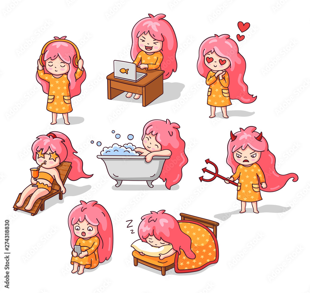 Set of cute little pink-haired baby girls, doing everyday things.  Collection of kawaii cartoon characters. Doodle style. Vector  illustrations. Stock Vector | Adobe Stock