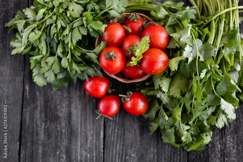 fresh and ripe red tomatoes, water drops on them. There is a place under the text fresh and ripe red tomatoes, water drops on them. There is a place under the text